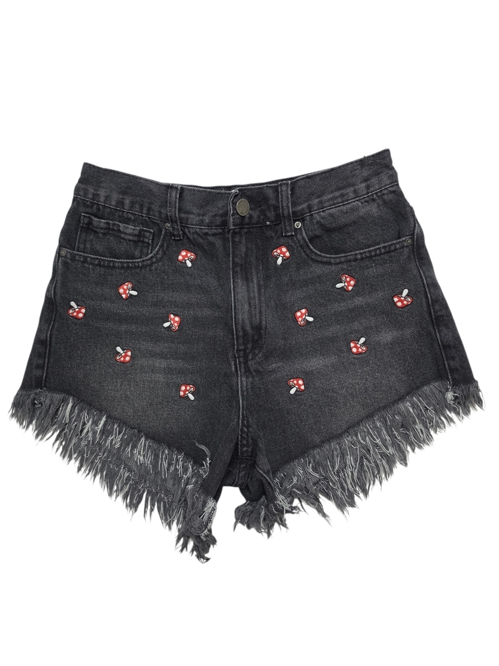Simple Society | Mushroom Embroidered Cut-Off Denim Jean Shorts Black High Rise